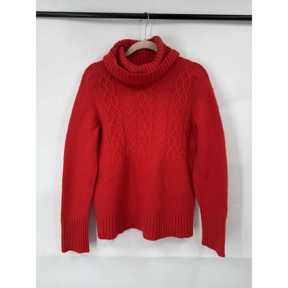 GAP Women's Medium Red Cable Knit Fisherman Turtleneck Sweater Lambswool Blend‎